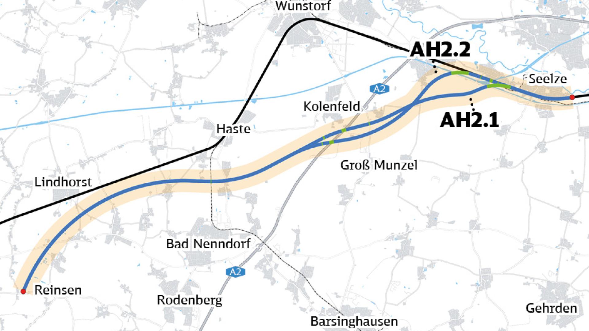 Die Darstellung zeigt die Verläufe der Segment-Varianten AH2.1 und AH2.2