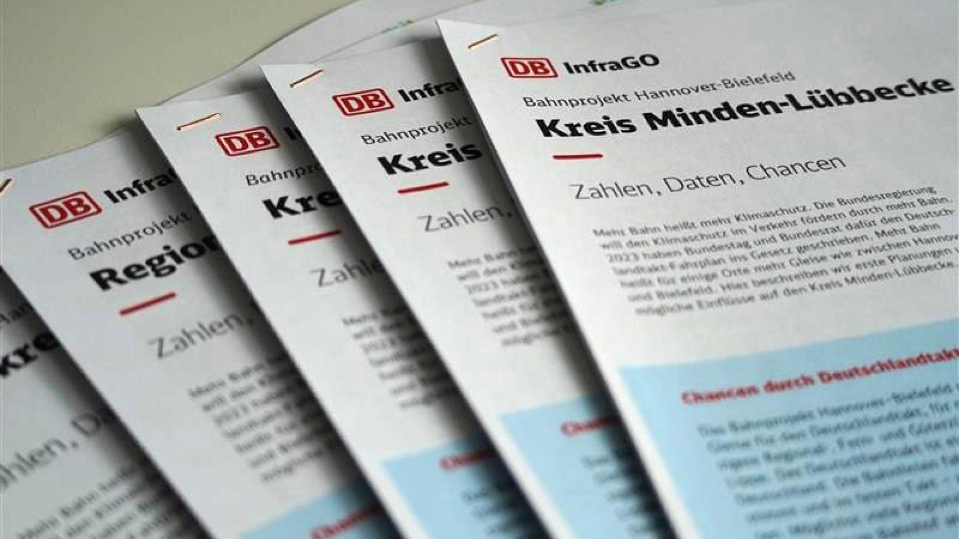 Das Foto zeigt die fünf Faktenpapiere zu den Kreisen, die an den Trassen-Varianten liegen
