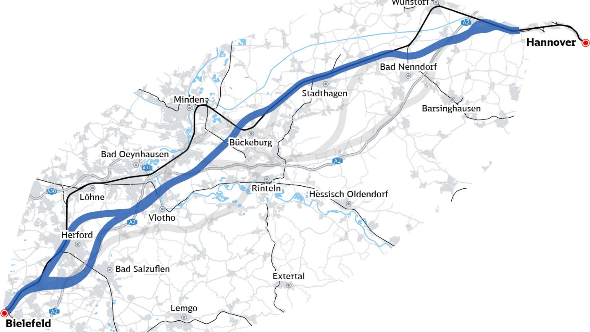 Die Karte zeigt in Blau die Verläufe der Trassen-Korridore V3 und V4. Die bestehende Strecke ist in Schwarz dargestellt.
