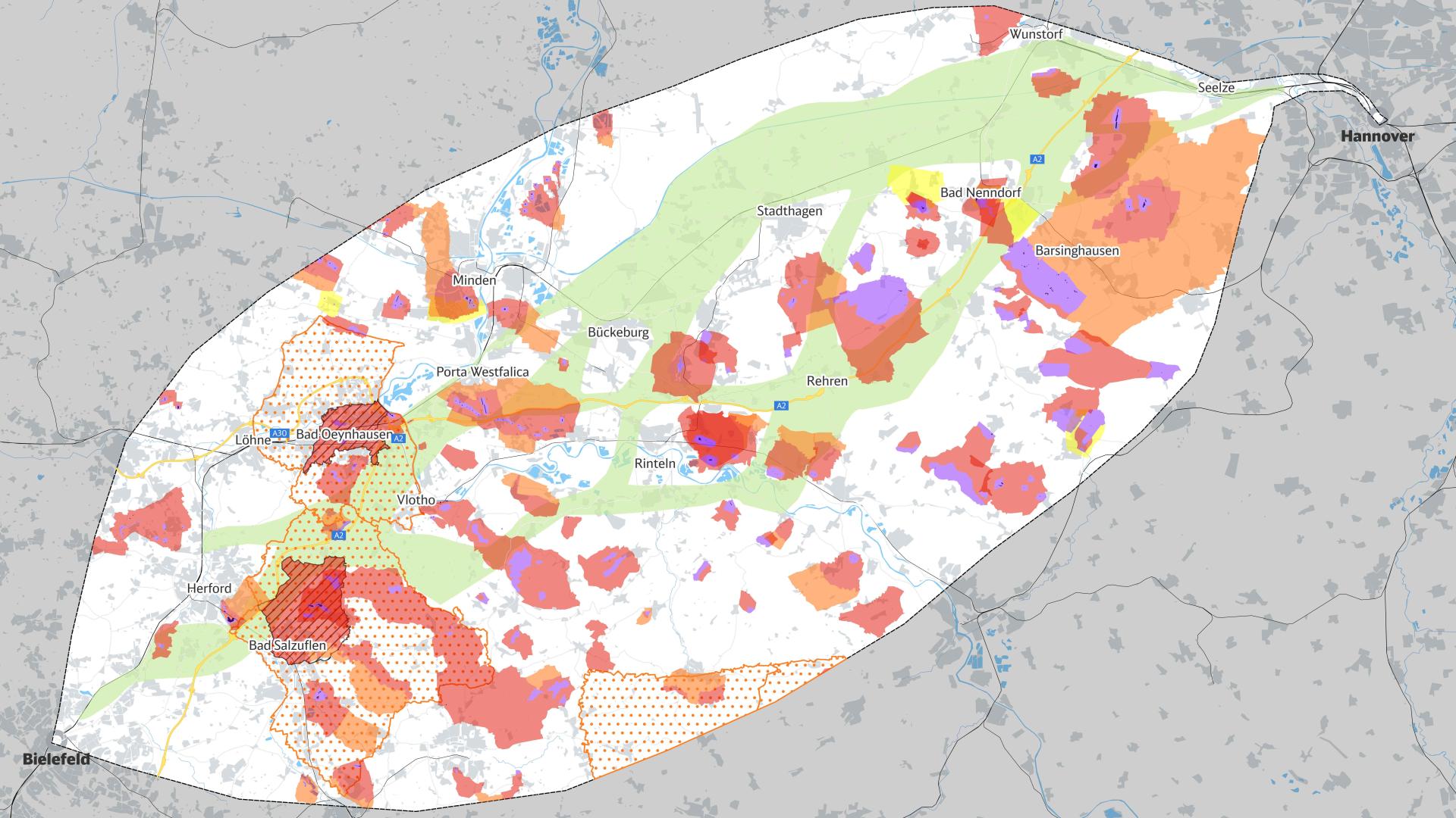 Die Karte zeigt Wasserschutzgebiete im Projektraum zwischen Hannover und Bielefeld.